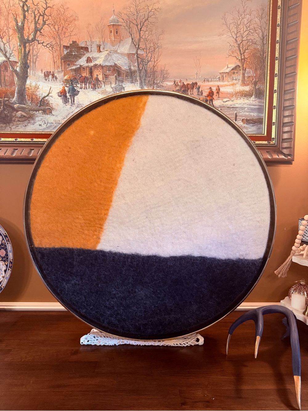 Handcrafted Round WALL HANGING wool art painting Solid brass frame 25”